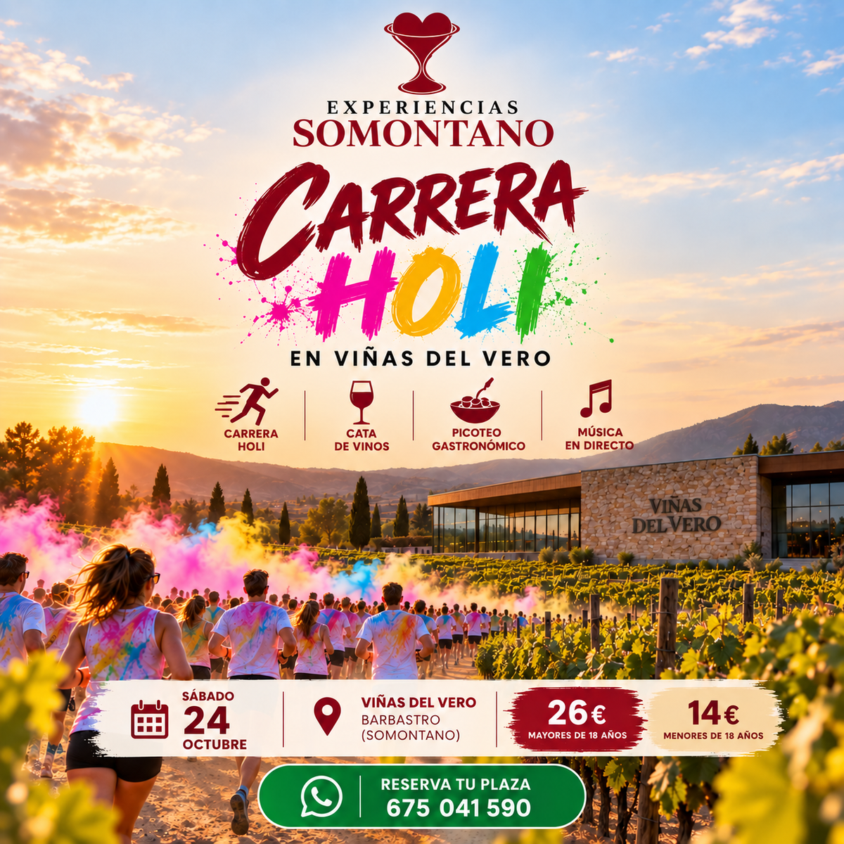 Cartel de Carrera Holi, sábado 24 de octubre en Viñas del Vero, Somontano.